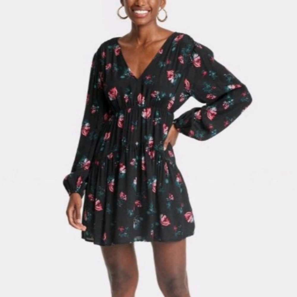 NWOT A New Day Black Floral Print Mini A Line Dress Size Small